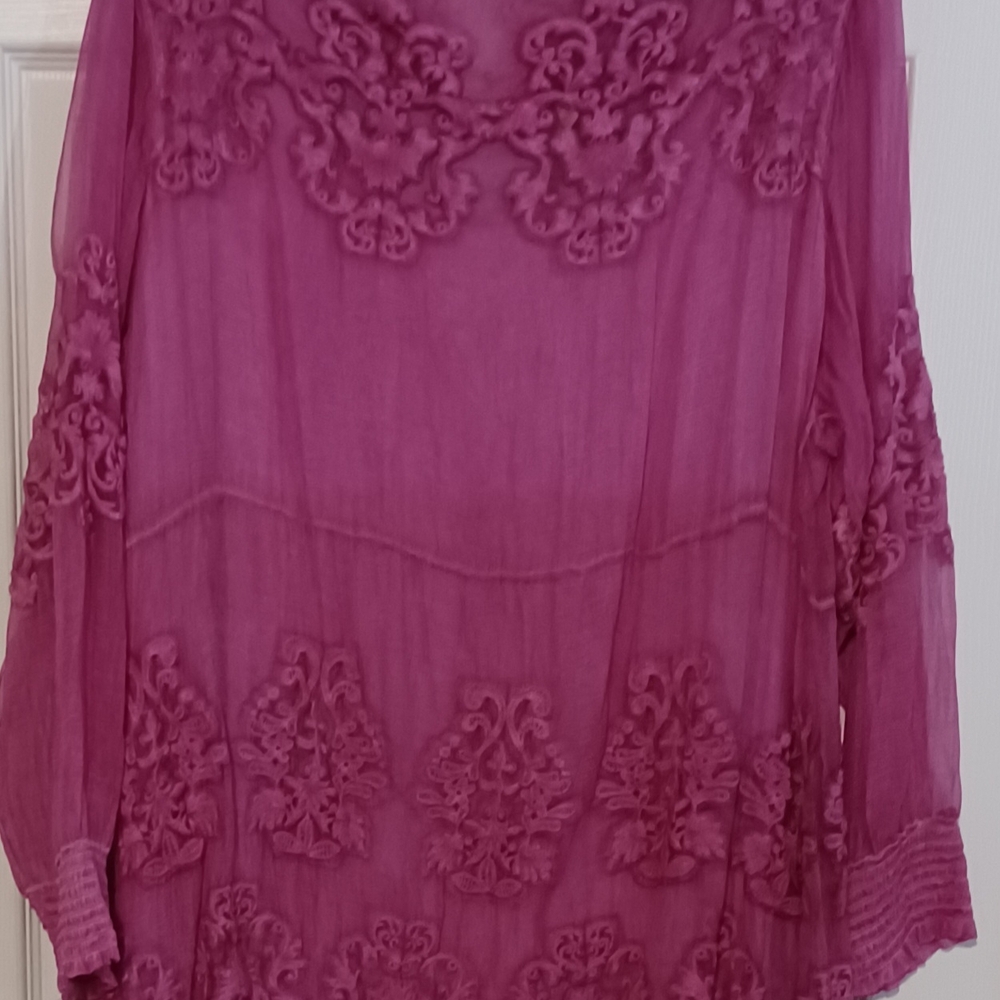 Soft Surroundings XL Silk Purple Blouse With Embroidery Sheer Chic Fall Travel - Picture 2 of 5